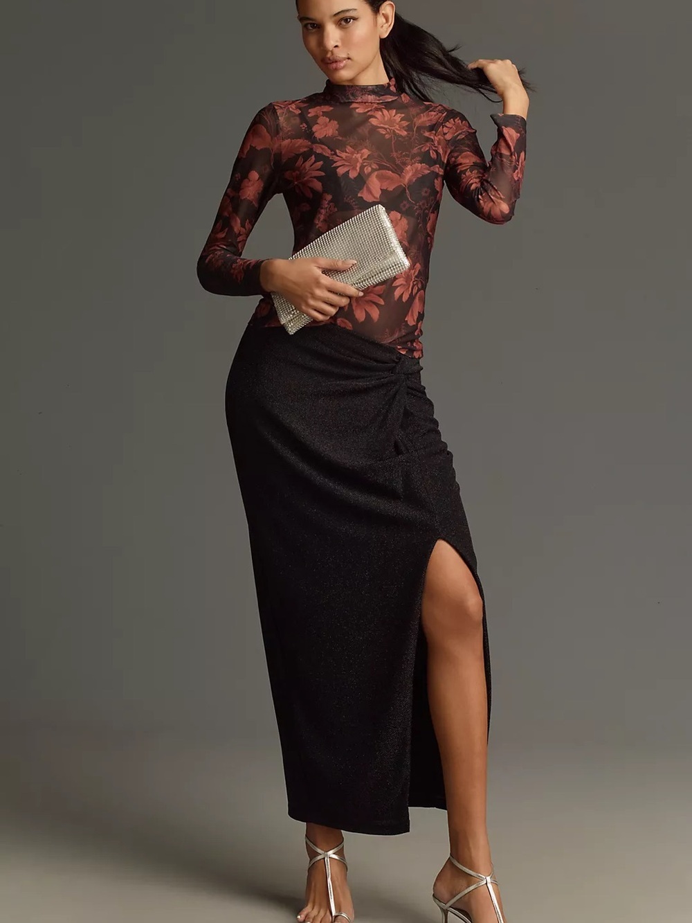 Anthropologie Yzk 2000 Retro Sheer Floral Mesh Long-Sleeve Turtleneck in Rust - Picture 11 of 11